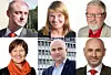 PENSJONSDEBATT: Arbeidsminister Robert Eriksson (øverst fra venstre), aktuar Sissel Rødevand i Actecan, LO-nestleder Tor Arne Solbakken, Fagforbundet-leder Mette Nord (andre rekke fra venstre), HK-nestleder Bjørn Mietinen og stortingsrepresentant Dag Terje Andersen er blant deltakerne i den nasjonal pensjonskonferansen.